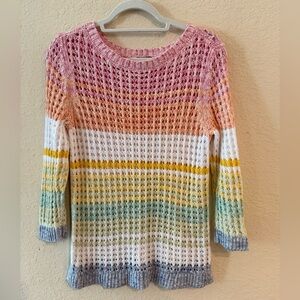 Talbots Petite Multicolor Striped Open Knit Pullover Sweater Crew Neck Mp